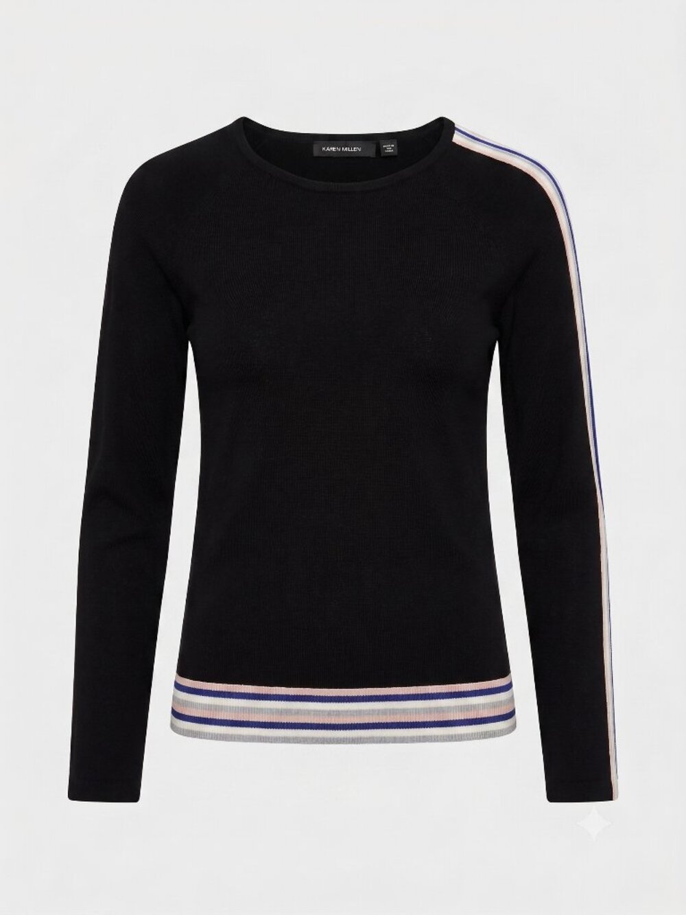 Karen Millen | Black Long Sleeve Knit Top with Varsity Striped Hem & Shoulder